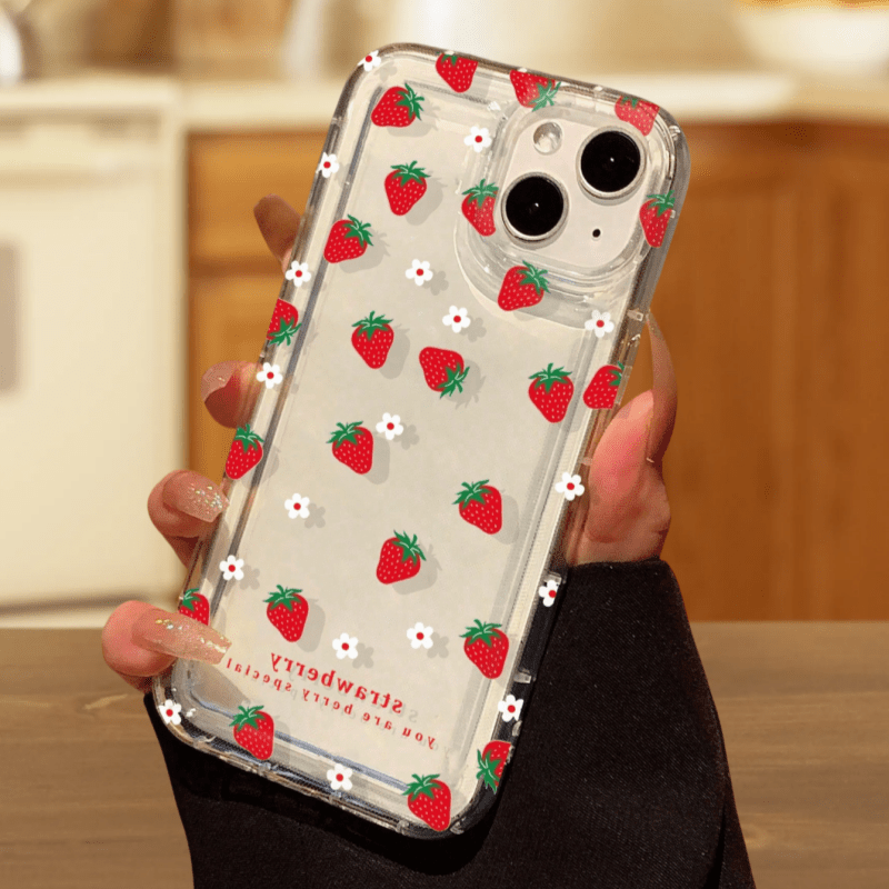 1pc Red Strawberry White Flower Shockproof Transparent Soft Phone Case Suitable for iPhone 16, 15, 14, 13, 12, 11 Pro Max, 14 Plus, 15 Plus, XS, XR, X, 8, 7, SE 2020
