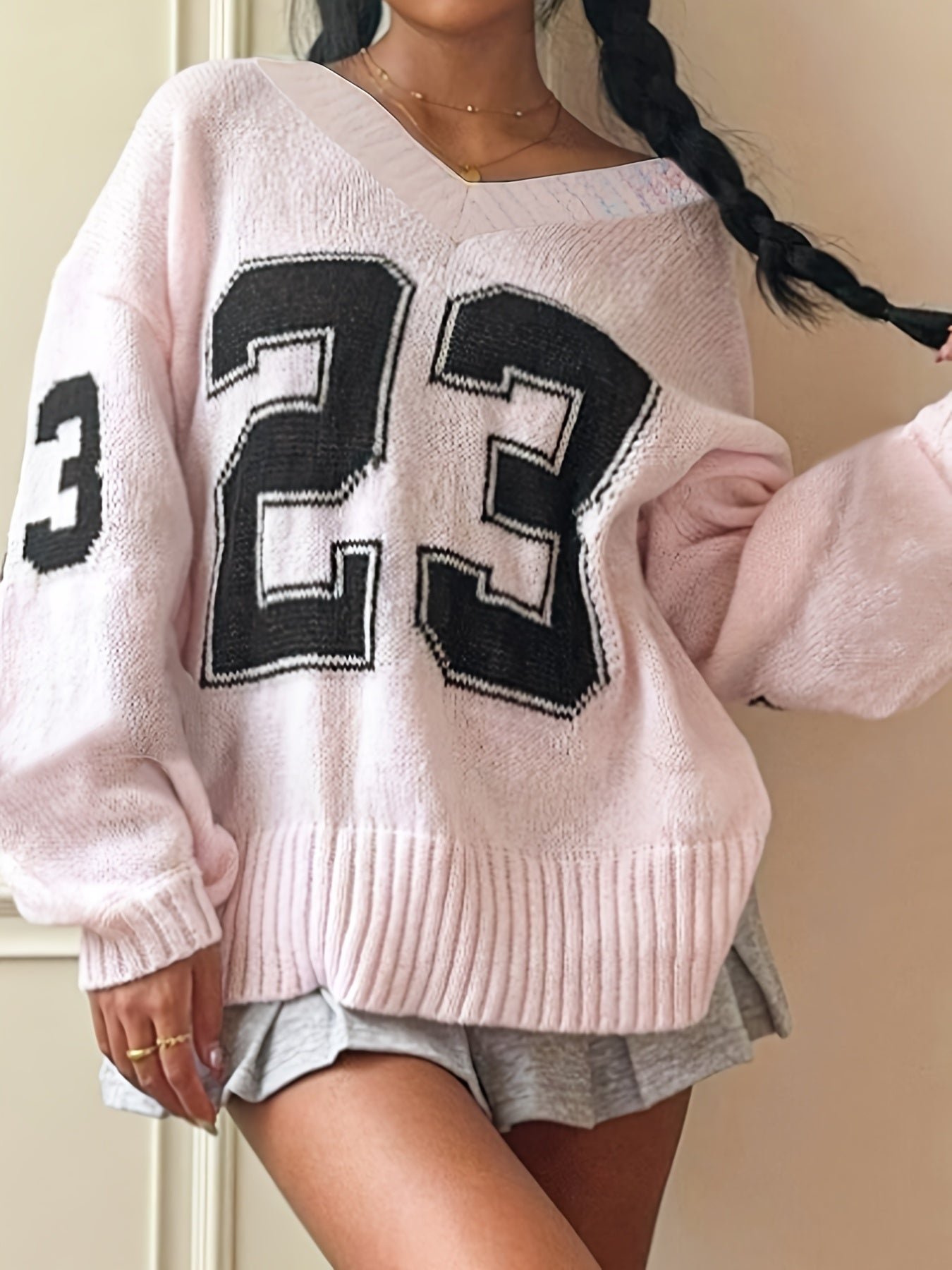 Women's Elegant V-Neck Sweater with Ribbed Detailing & Letter Print - Soft Medium-Stretch Long Sleeve Pullover for Spring/Autumn, Casual to Office Wear, Cute Sweater, Autumn Apparel, Soft Texture