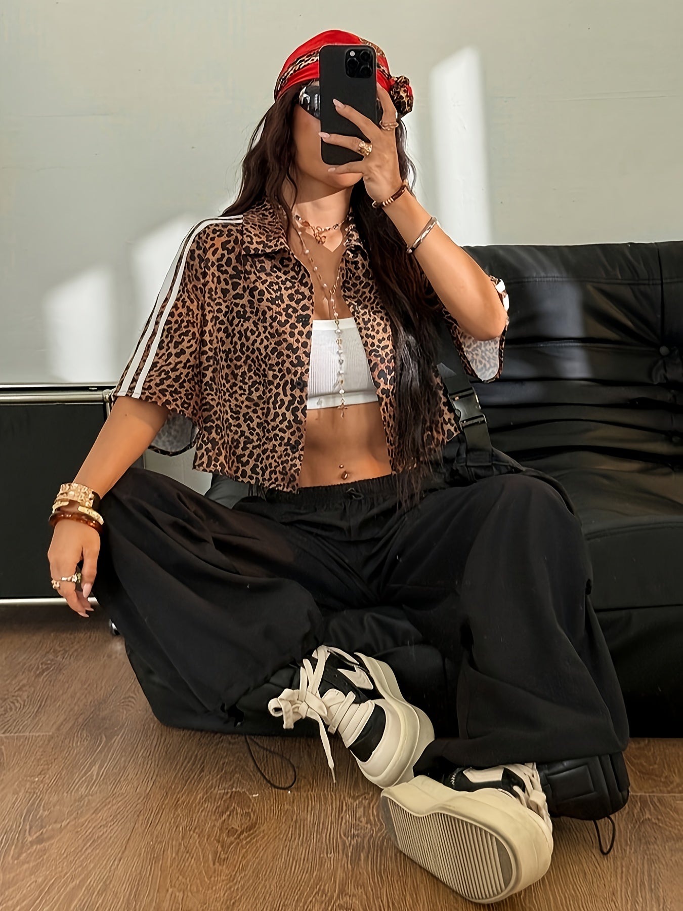 Women'S Y2K Leopard Print Crop Top with Button Details - Black & Brown Animal Print Shirt, White Cropped Tank, Black Pants, Red Headband, Layered Necklaces, and Accessories, Casual Chic Outfit, Casual Chic Outfit | Y2K Fashion | Button Detail Shirt