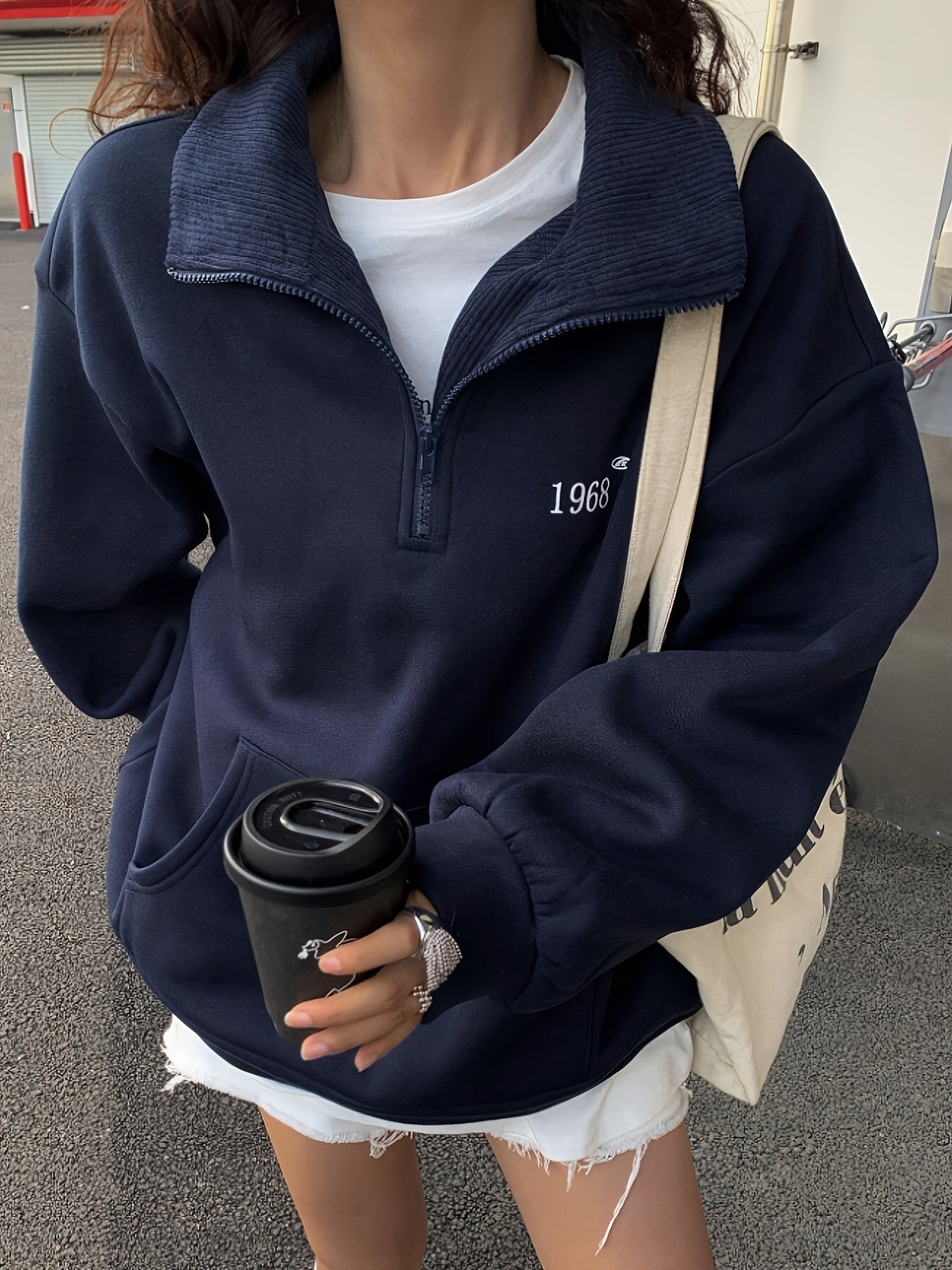 Women'S Cozy Fleece-Lined Sweatshirt with "I Love Myself" Graphic - Long Sleeve, Button-Up Front, Casual Fall/Winter Wear, Navy Blue with White Lettering, Casual Wear | Cozy Fleece Sweatshirt | Construction, Sweater Hoodie