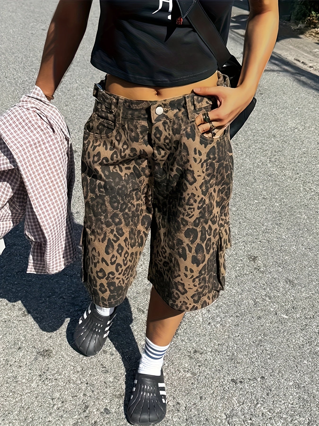 Leopard Print Cargo-Style Lace-Up Shorts