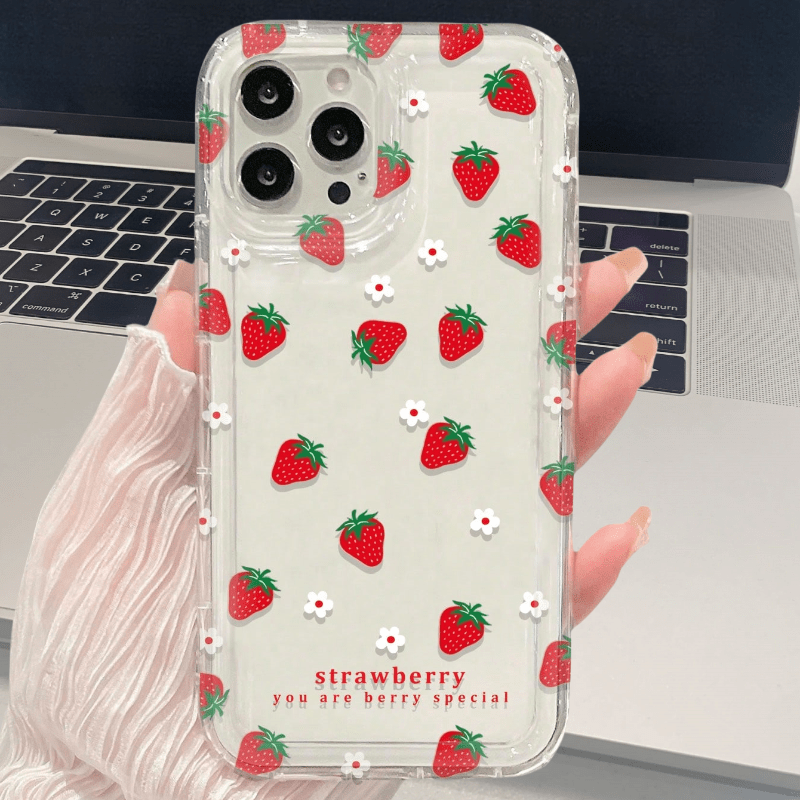 1pc Red Strawberry White Flower Shockproof Transparent Soft Phone Case Suitable for iPhone 16, 15, 14, 13, 12, 11 Pro Max, 14 Plus, 15 Plus, XS, XR, X, 8, 7, SE 2020