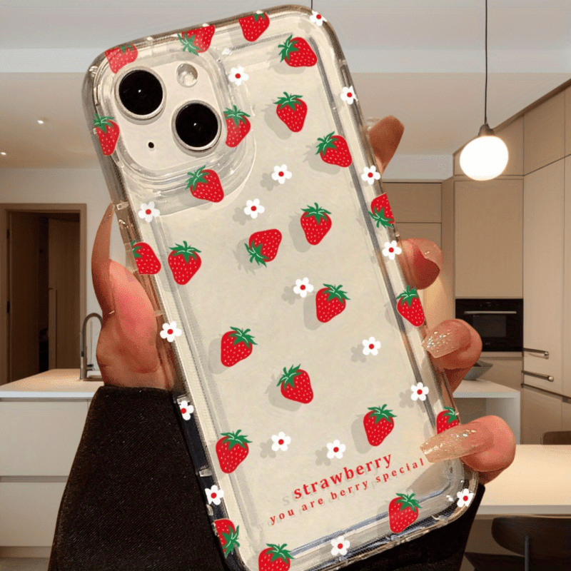 1pc Red Strawberry White Flower Shockproof Transparent Soft Phone Case Suitable for iPhone 16, 15, 14, 13, 12, 11 Pro Max, 14 Plus, 15 Plus, XS, XR, X, 8, 7, SE 2020