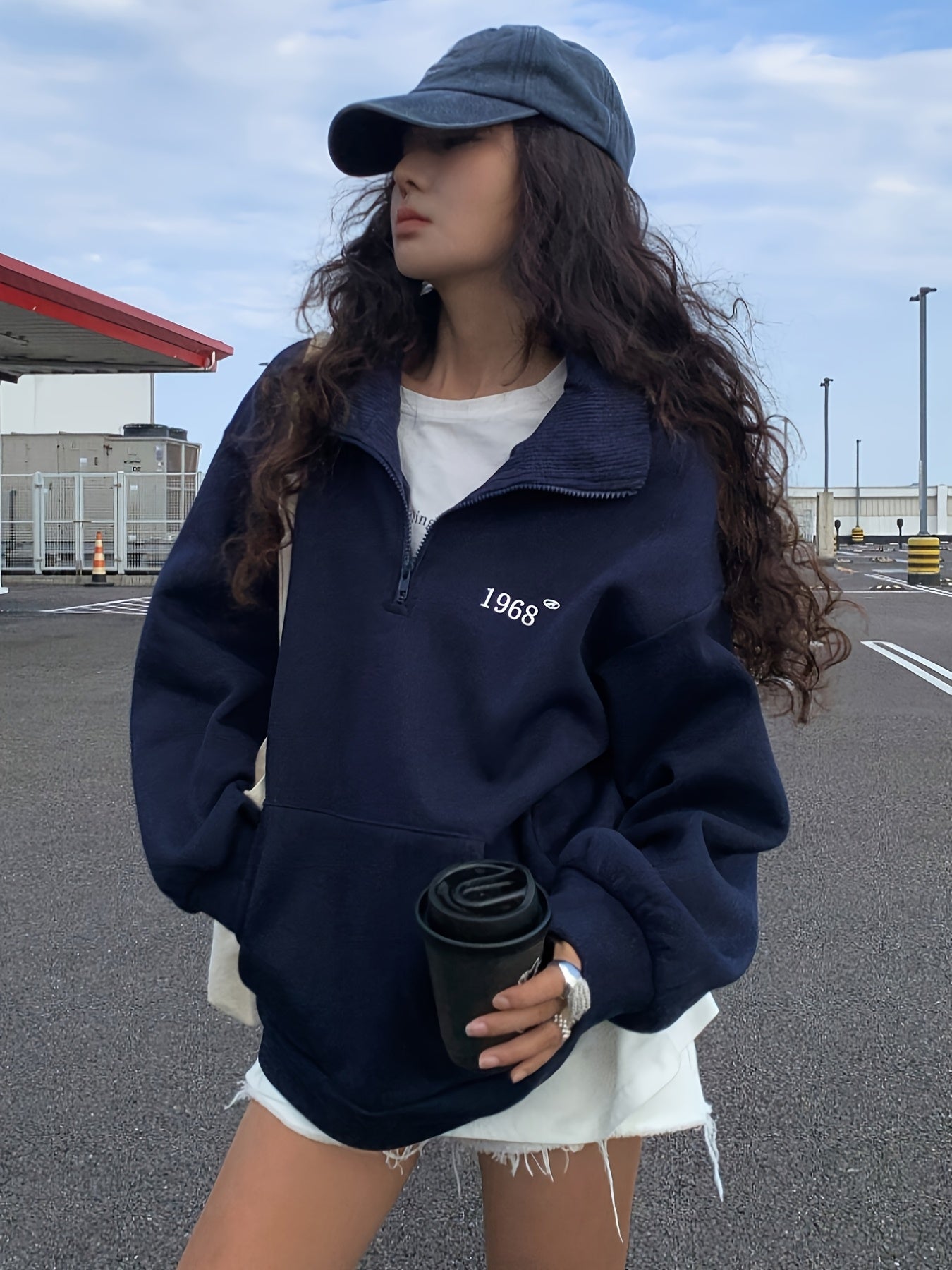 Women'S Cozy Fleece-Lined Sweatshirt with "I Love Myself" Graphic - Long Sleeve, Button-Up Front, Casual Fall/Winter Wear, Navy Blue with White Lettering, Casual Wear | Cozy Fleece Sweatshirt | Construction, Sweater Hoodie