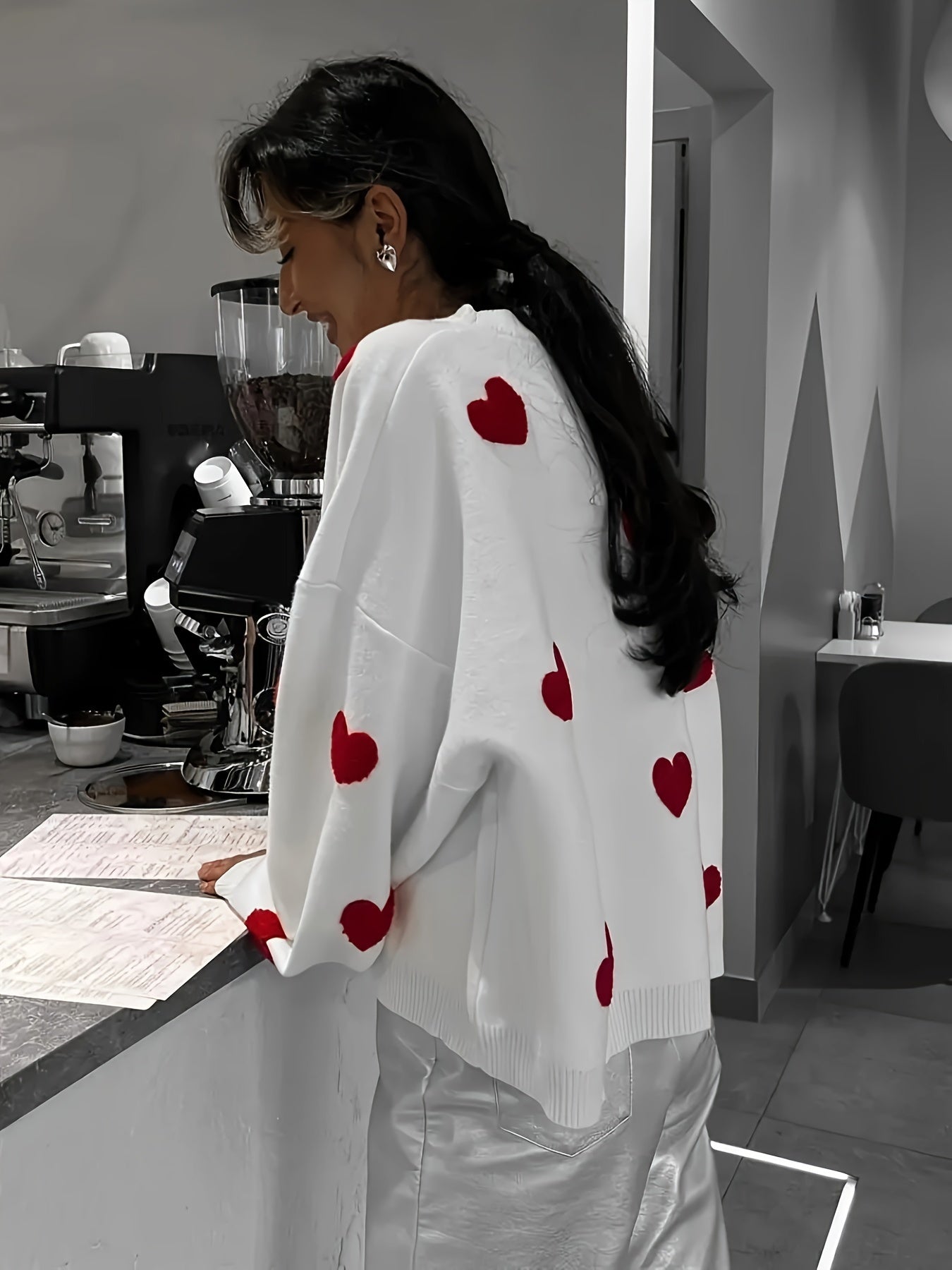 Valentine's Day Heart Knit Sweater - Cozy, Casual & Chic, Women's Easy-Care Polyester Top for Fall/Winter