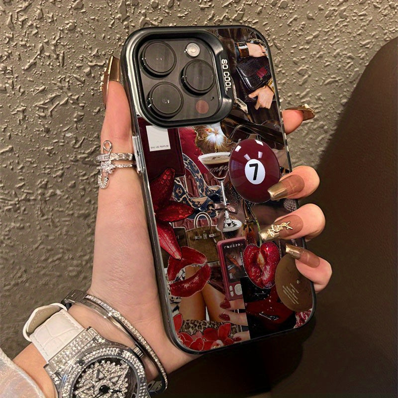 Gorgeous Lip Print Leopard Cherry Blossom Pattern Suitable for TPU Case for iPhone 16 Pro Max, iPhone 15 Pro Max/14/16 Plus/13 Pro/12/11/X/XR/XS Max Durable Anti-Drop Colorful Silvery PC Protective Cover High Aesthetic Design