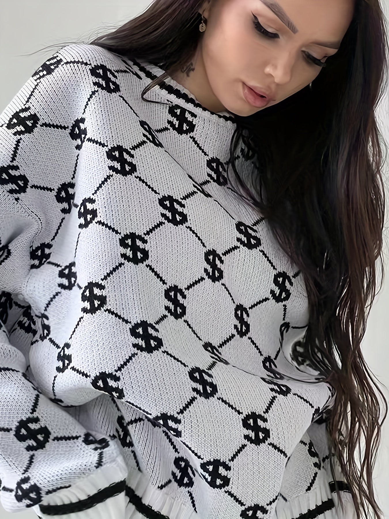 Oversized Crew Neck Long Sleeve Dollar Pattern Pullover Sweater, Casual Warm Women's Clothing