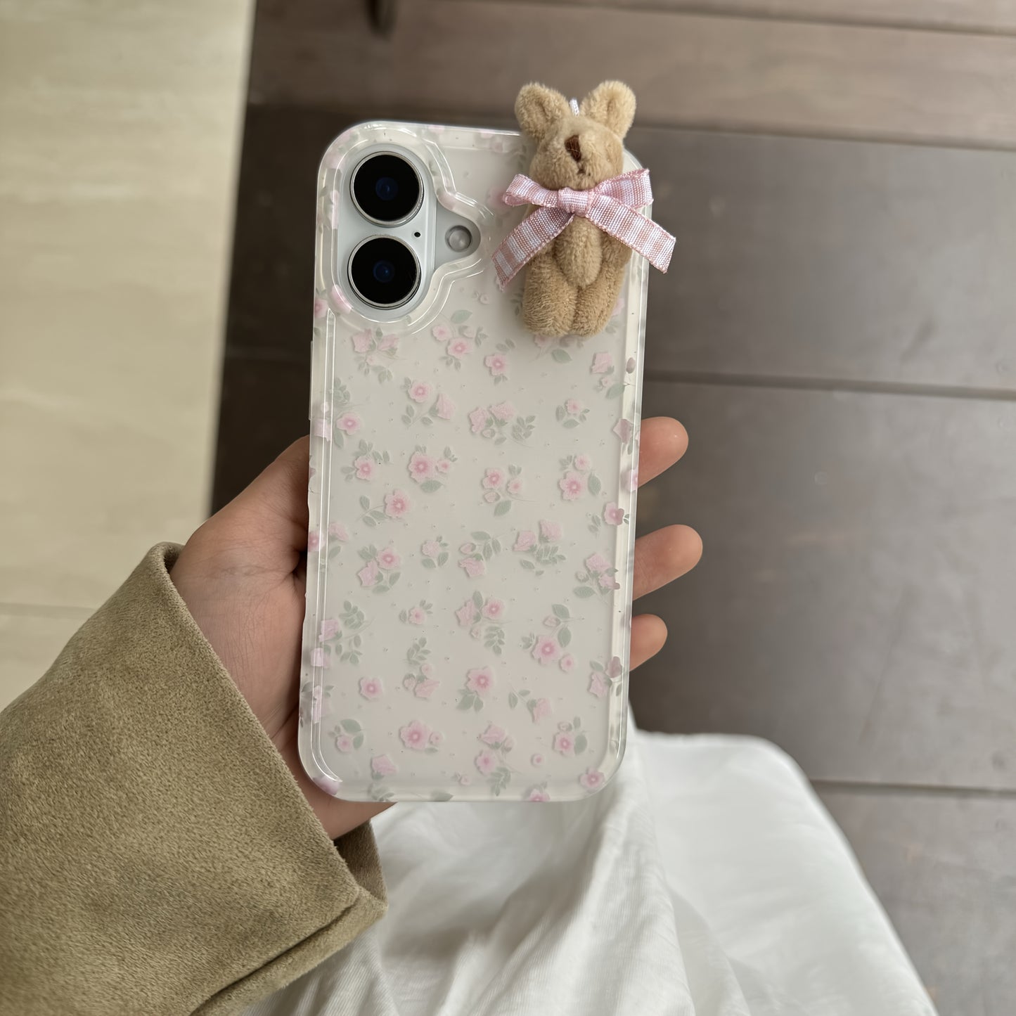 Girl Floral White Phone Case - Soft, Full-Coverage, 3D Pink Lattice Bow, Suitable for iPhone 11/12 Pro/13/14 Pro Max/15 Pro/16