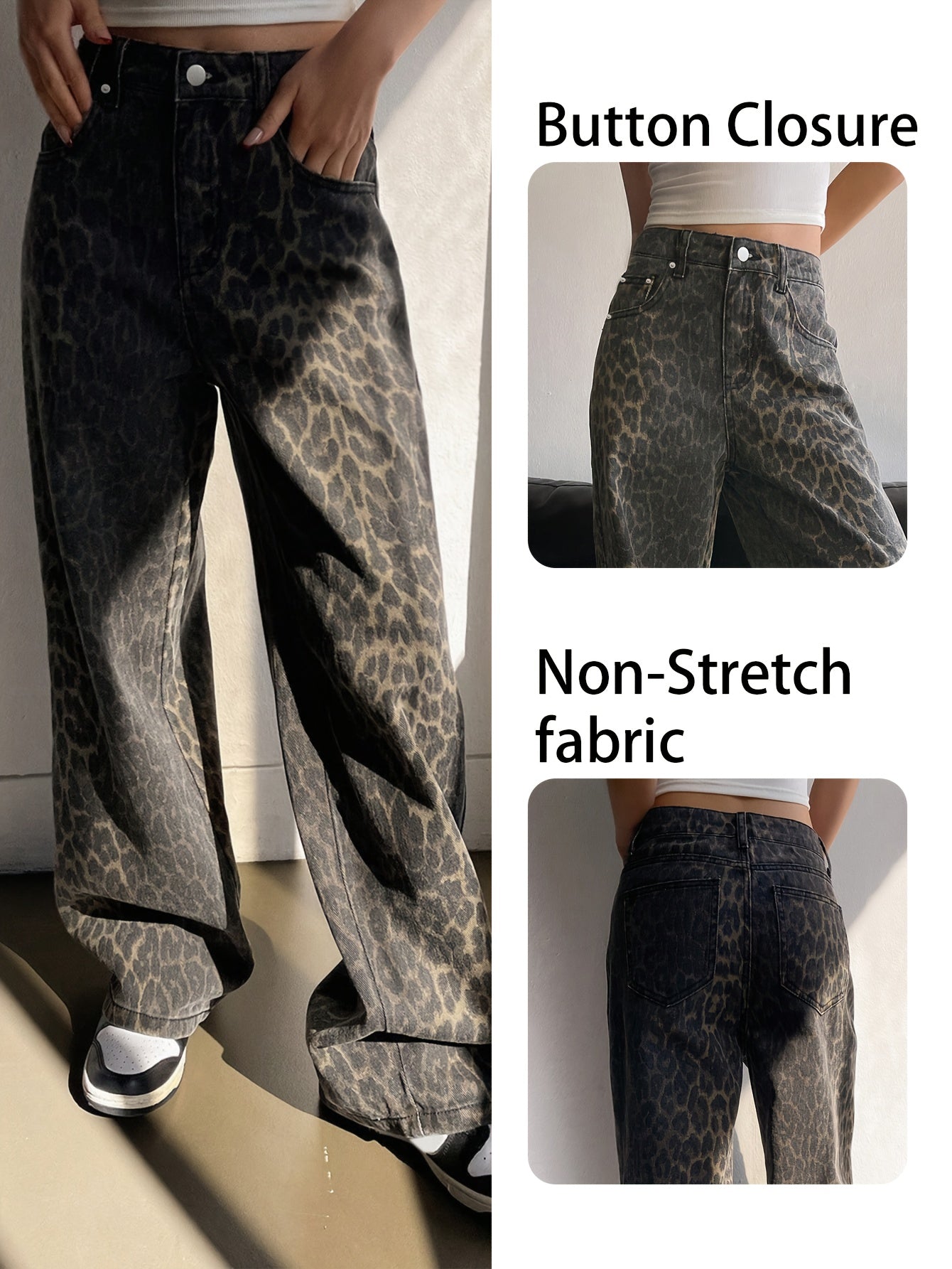NVFelix Women's Leopard Print Straight Leg Pants - Non-Stretch Fabric, Button Closure & Built-In Zipper, Y2K Retro Streetwear Style with Pockets, All-Season Casual Trousers, Leopard Print Leggings, Highquality Fabric
