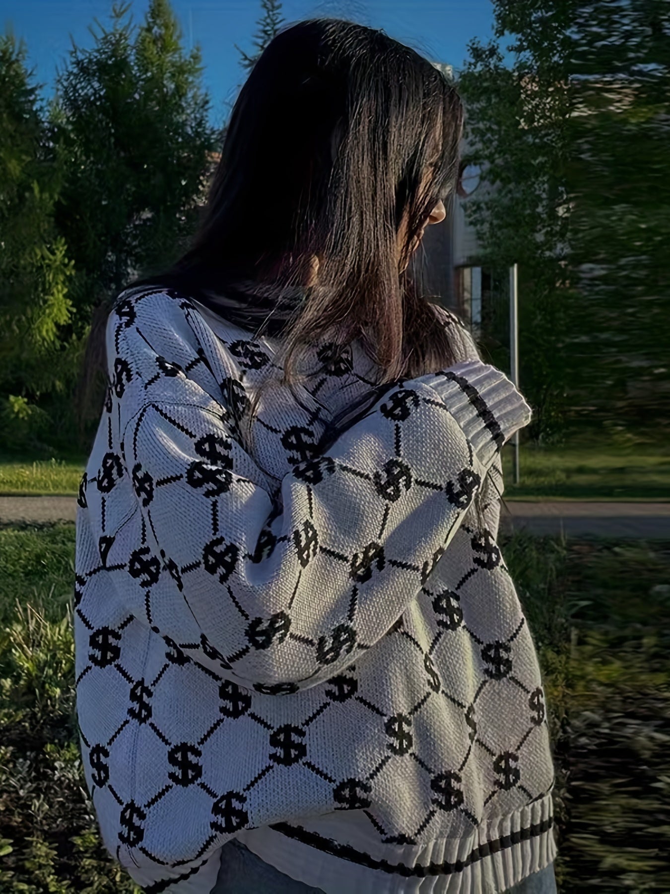 Oversized Crew Neck Long Sleeve Dollar Pattern Pullover Sweater, Casual Warm Women's Clothing
