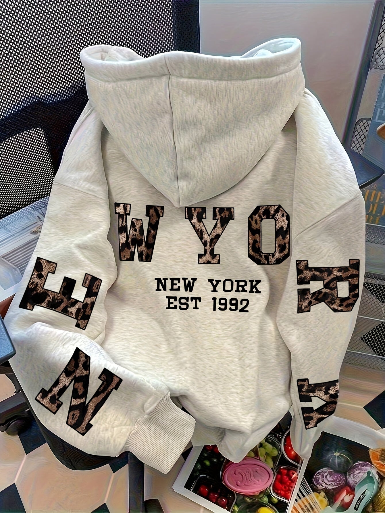 Women'S Casual Printed Hoodie - "WYO" Design, Beige Pullover with Black Lettering, Long Sleeves, and Kangaroo Pocket, Fall/Winter Fashion, Oversized Hoodie