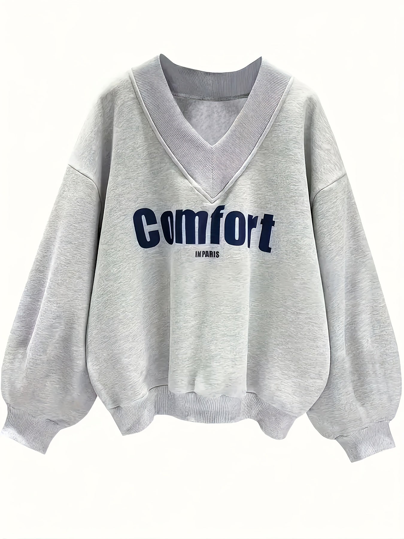 Comfortable 1pc Women's Casual V-Neck Long Sleeve Pullover Sweatshirt, Polyester Knit with Letter Print, Autumn/Winter Fashion, Ultra-warm Comfort in Paris Slogan