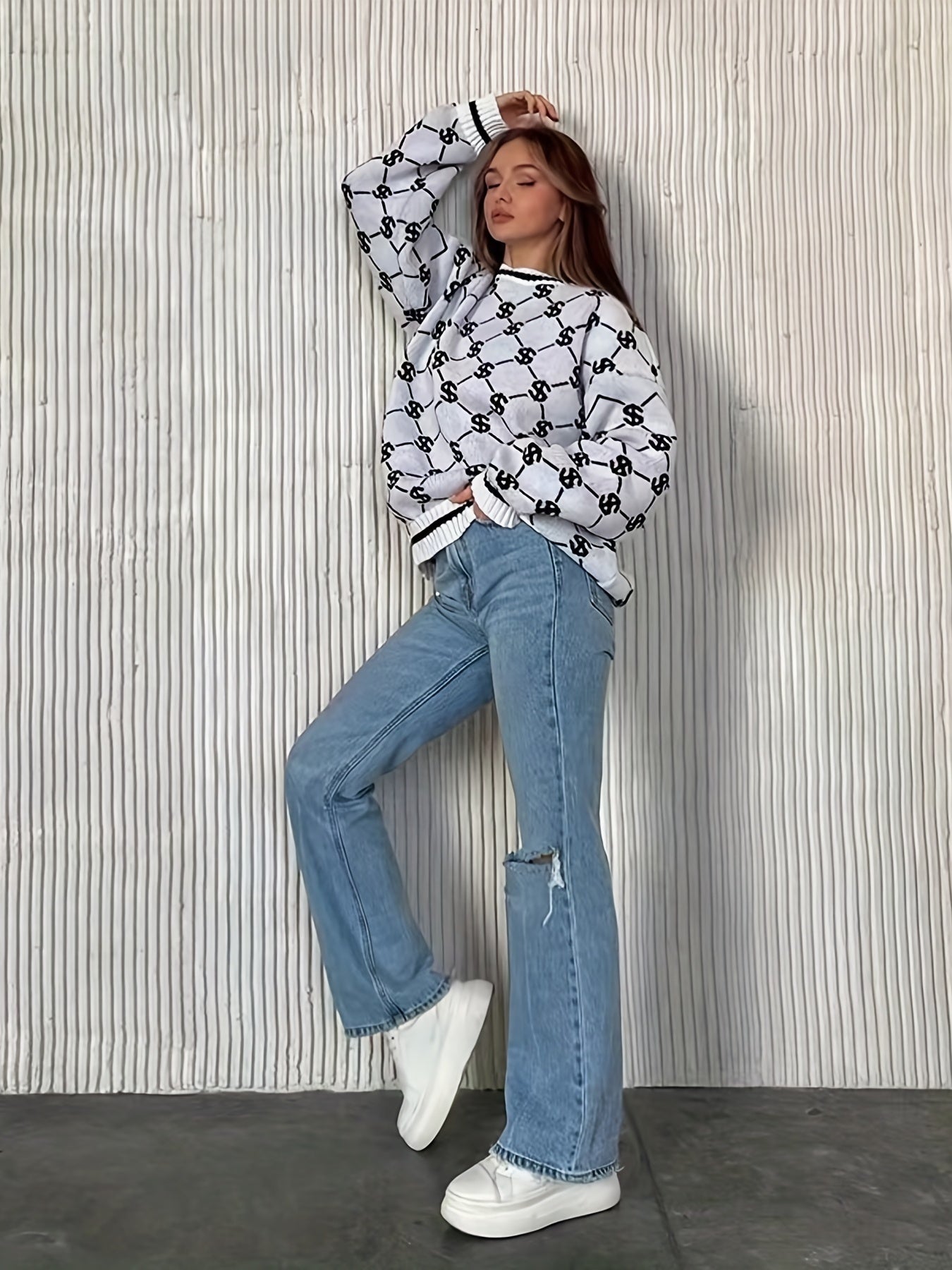 Oversized Crew Neck Long Sleeve Dollar Pattern Pullover Sweater, Casual Warm Women's Clothing