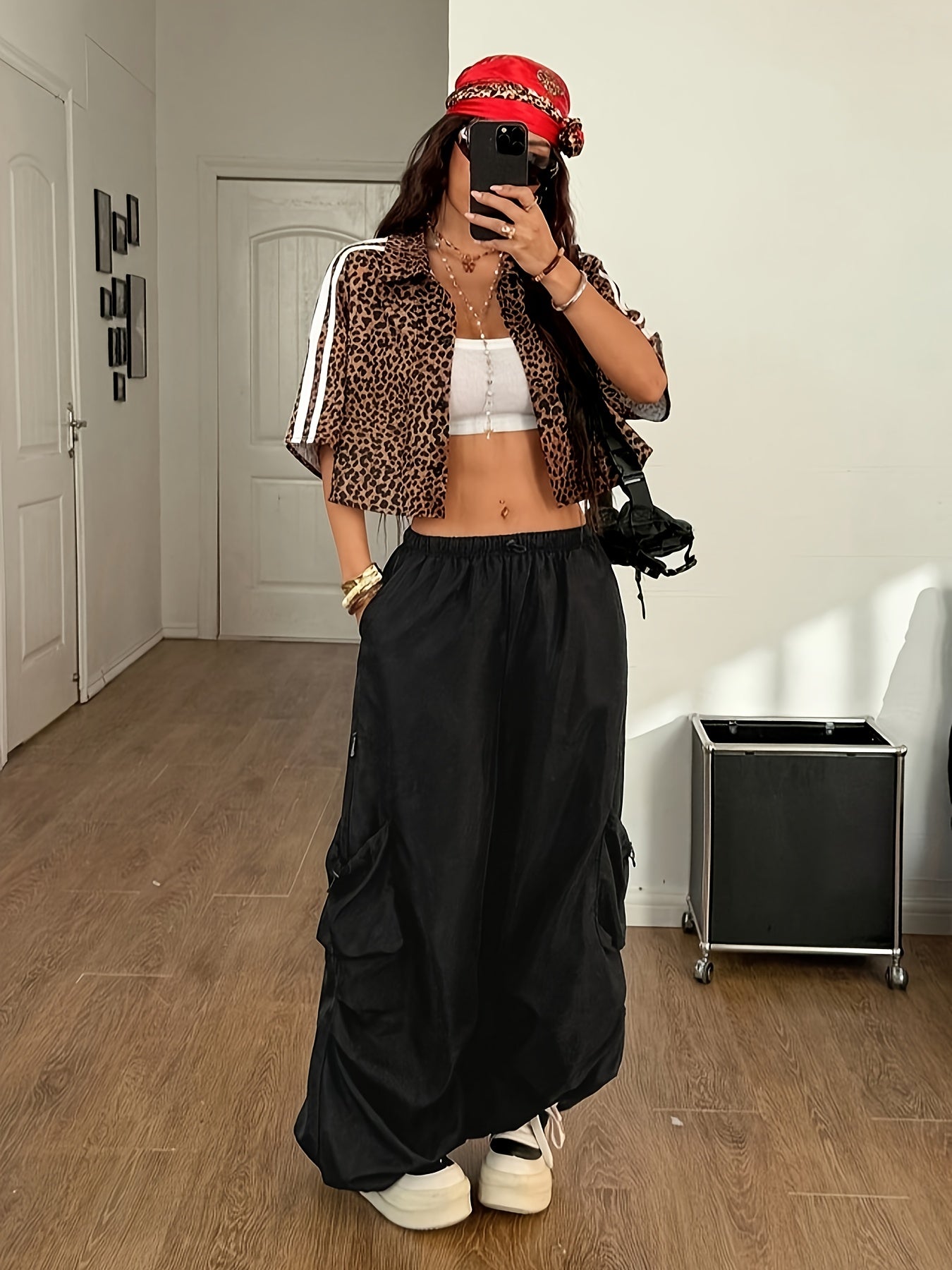 Women'S Y2K Leopard Print Crop Top with Button Details - Black & Brown Animal Print Shirt, White Cropped Tank, Black Pants, Red Headband, Layered Necklaces, and Accessories, Casual Chic Outfit, Casual Chic Outfit | Y2K Fashion | Button Detail Shirt
