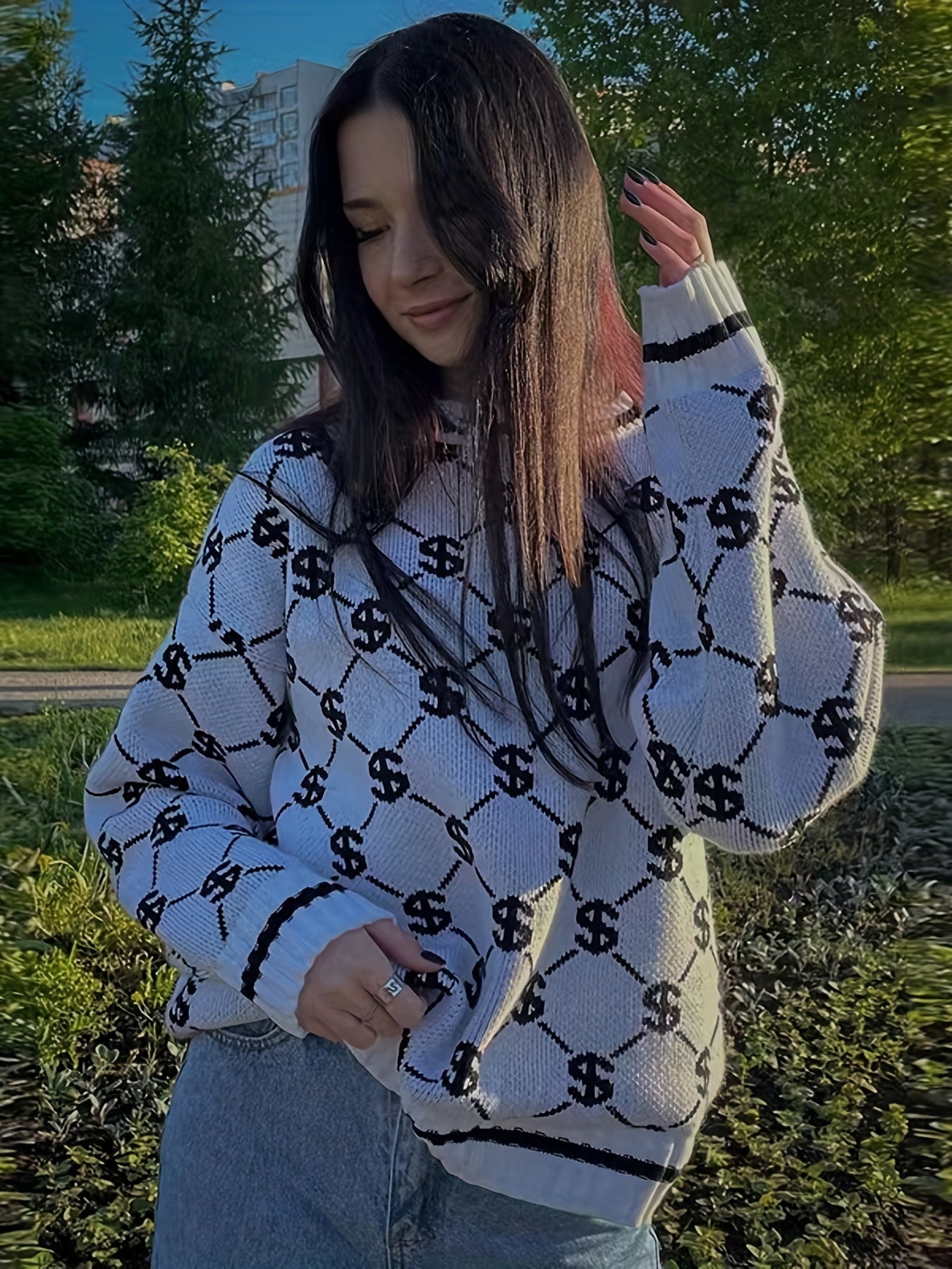 Oversized Crew Neck Long Sleeve Dollar Pattern Pullover Sweater, Casual Warm Women's Clothing
