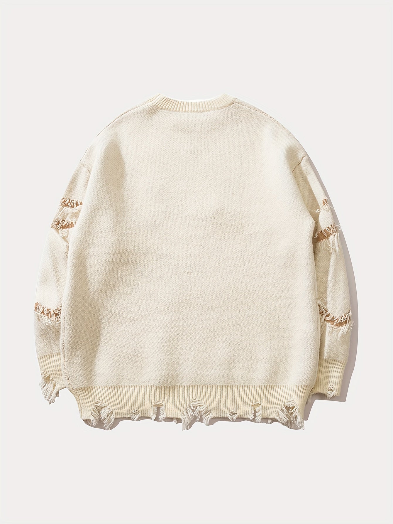 Unisex Street Style Knit Sweater, Fall/Winter Crew Neck Long Sleeve Pullover with Alphabet Print, Ripped Fringe Detail, Loose Fit, 42% Acrylic 28% Polyamide 30% Polyester Knit Fabric