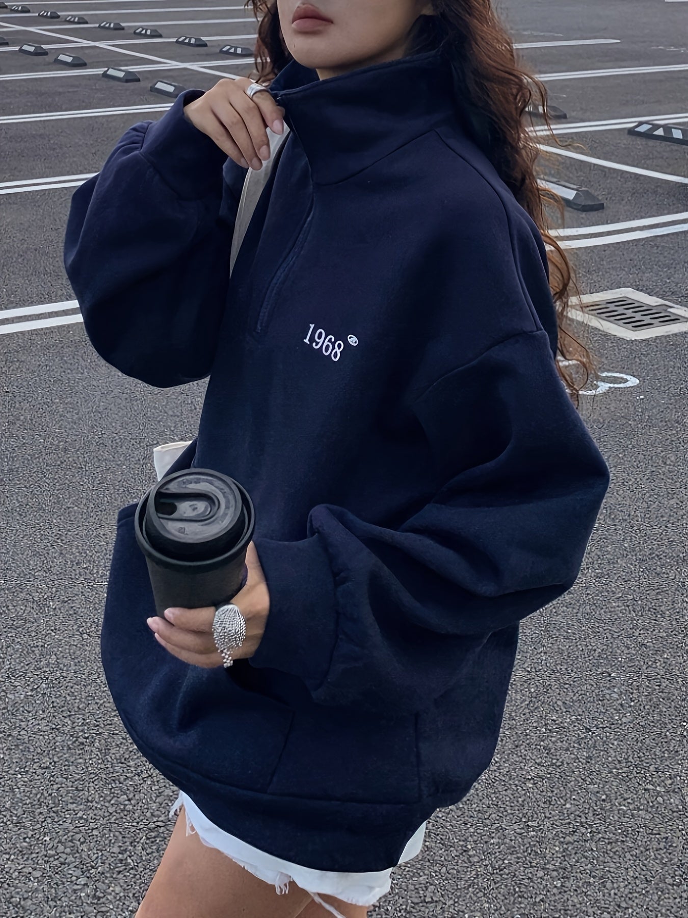 Women'S Cozy Fleece-Lined Sweatshirt with "I Love Myself" Graphic - Long Sleeve, Button-Up Front, Casual Fall/Winter Wear, Navy Blue with White Lettering, Casual Wear | Cozy Fleece Sweatshirt | Construction, Sweater Hoodie