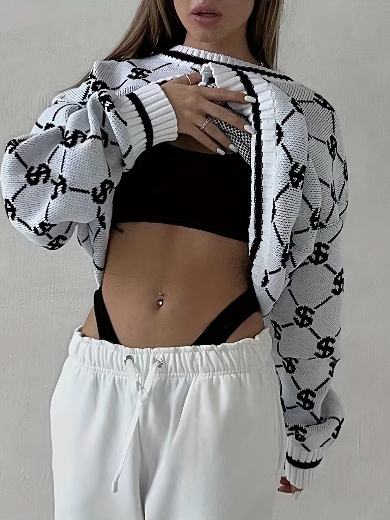 Oversized Crew Neck Long Sleeve Dollar Pattern Pullover Sweater, Casual Warm Women's Clothing