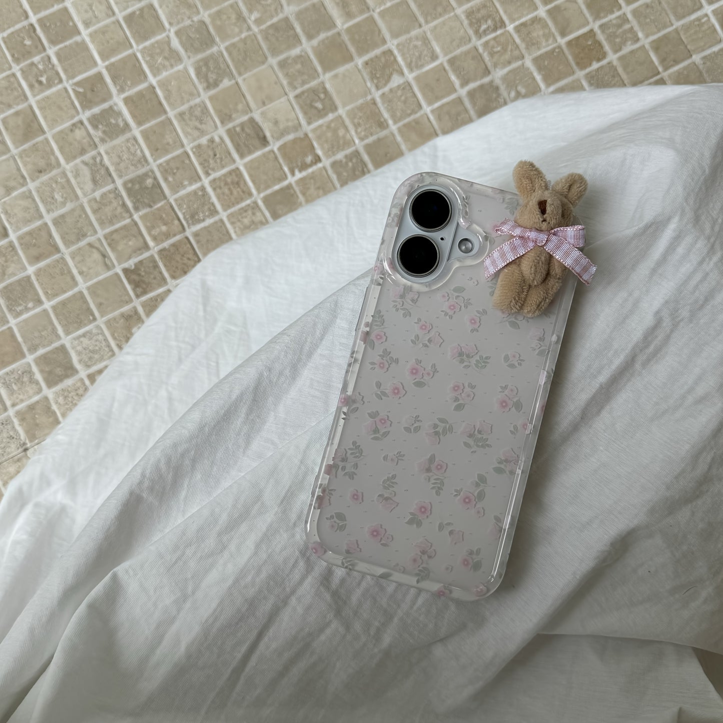 Girl Floral White Phone Case - Soft, Full-Coverage, 3D Pink Lattice Bow, Suitable for iPhone 11/12 Pro/13/14 Pro Max/15 Pro/16
