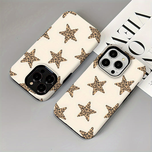 1pc Leopard Print Star Pattern Chic Cool Two-In-One Film Case - Tough, Dual Layered Case for Durable, Drop-proof - for iPhone 17, 16, 15, 14, 13, 12, 11, 8, 7, X, XS, XR, Plus, Air, Pro, Max, Mini, SE2, SE3, Perfect Gift for Friends Family Loved Ones, Ph
