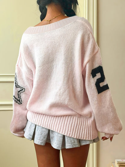 Women's Elegant V-Neck Sweater with Ribbed Detailing & Letter Print - Soft Medium-Stretch Long Sleeve Pullover for Spring/Autumn, Casual to Office Wear, Cute Sweater, Autumn Apparel, Soft Texture