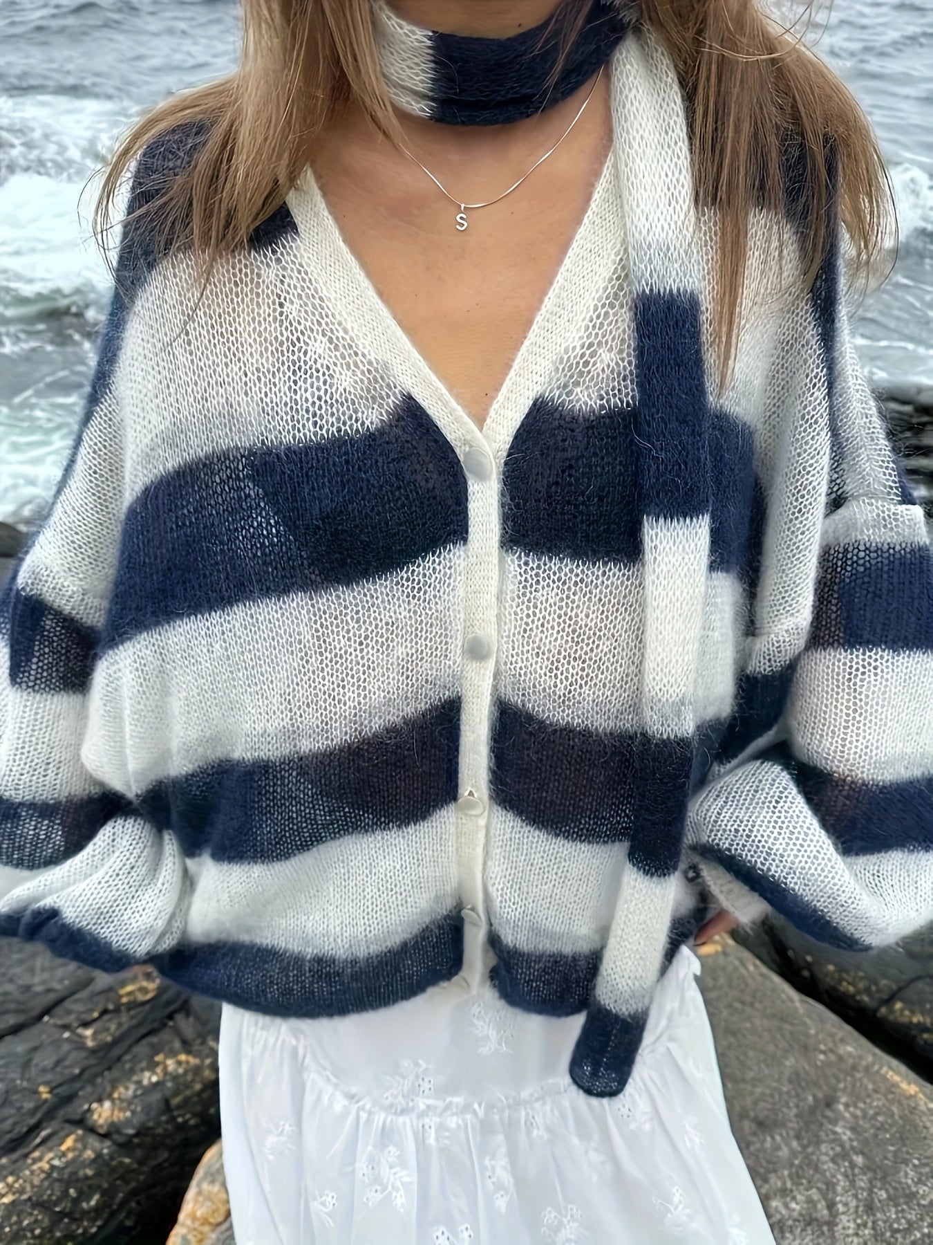 Women'S Elegant Deep Royal Blue Striped V-Neck Cardigan - Loose Fit Long Sleeve Sweater with Button Front, Warm Fall Winter Layering Essential, Stylish Scarf, Ladies Sweaters