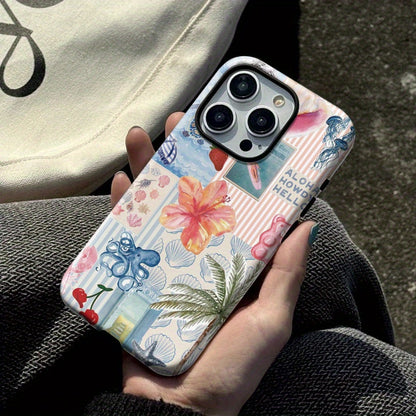 Vintage Collage Flower and Palm Tree Design Glossy 2-in-1 Phone Case for iPhone 16 Pro Max, 15 Plus, 13, 11, 12, XS, 8 Plus, 7