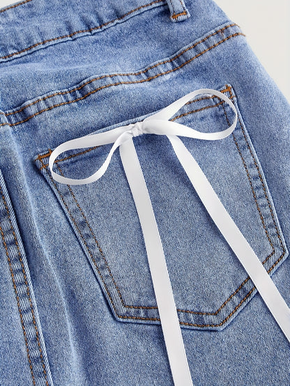 Women's Summer Casual Denim Skirt with Adjustable Bow & Pockets - Mid-Stretch Machine-Washable Solid Color Elegant Design for Casual Outings, Summer Casual Wear | Stylish Denim Skirt | Denim Fabric Skirt