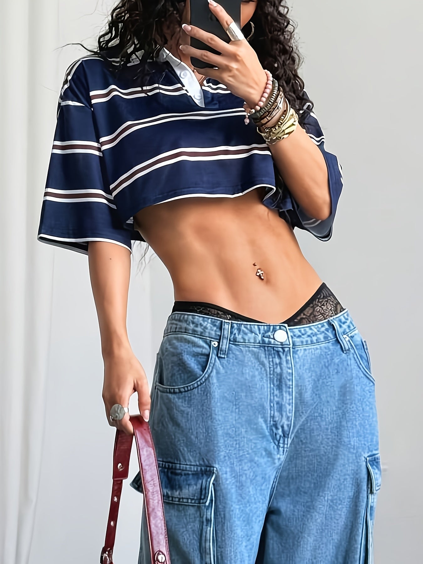 Women'S Y2K Style Blue & White Striped Cropped Polo Shirt - Short Sleeve, Button-Up Collar, Stretchy Polyester Blend, Machine Washable, Casual Summer Top, Casual Summer Top | Y2K Fashion | Polyester Blend