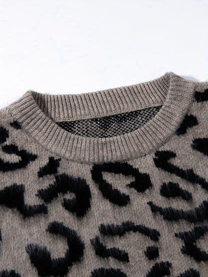 [Leopard Print Sweater] Oversized Men's Leopard Print Faux Fur Sweater | Cozy Fall Winter Knit Top with Round Neck, Black & White Contrast, Relaxed Fit Apparel, Highend Texture, Luxurious Feel Fabric