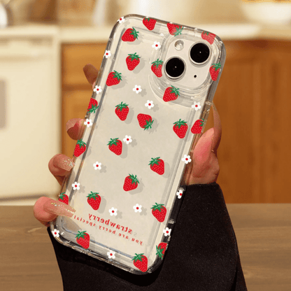1pc Red Strawberry White Flower Shockproof Transparent Soft Phone Case Suitable for iPhone 16, 15, 14, 13, 12, 11 Pro Max, 14 Plus, 15 Plus, XS, XR, X, 8, 7, SE 2020