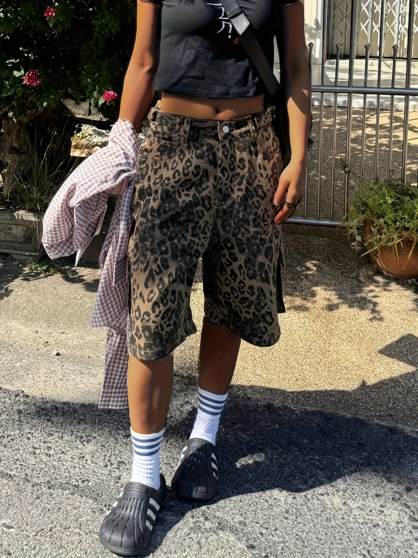 Leopard Print Cargo-Style Lace-Up Shorts