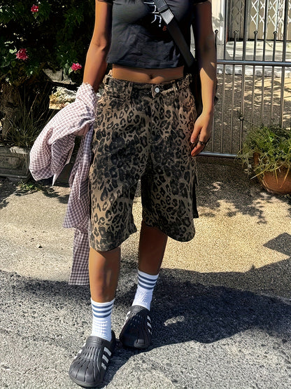 Leopard Print Cargo-Style Lace-Up Shorts
