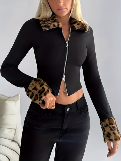 Women's Elegant Zip-Up Jacket - Chic Coat with Front Zipper Closure, Machine Washable Non-Transparent Outerwear for Fall/Winter, Office, Party, Everyday Outfits - Women's Fashion Outerwear, Party Attire, Leopard Print Accents, Office Attire, Stylish Oute