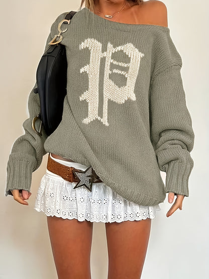 Y2K Oversized Casual Sweater with Letter Graphic - Cozy Round Neck Pullover, Machine Washable Non-Stretch Fall Fashion Top for Women, Cute Sweater, Winter Apparel, Textured Knitwear