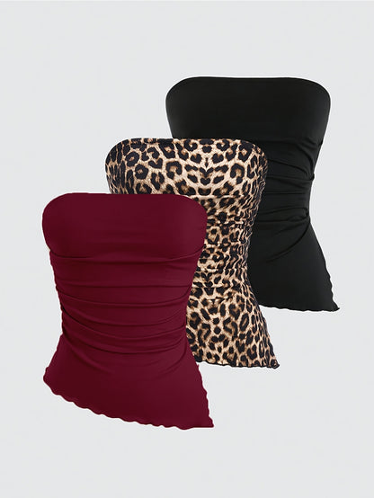 Y60 Elegant Y2K Strapless Crop Top with Leopard Print & Asymmetrical Ruffled Hem - Breathable Stretchy Summer Shirt for Parties, Concerts, Dates & Casual Outfits, Concert Clothing, Party Attire, Comfortable Fit, Machine Washable