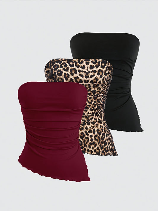 Y60 Elegant Y2K Strapless Crop Top with Leopard Print & Asymmetrical Ruffled Hem - Breathable Stretchy Summer Shirt for Parties, Concerts, Dates & Casual Outfits, Concert Clothing, Party Attire, Comfortable Fit, Machine Washable