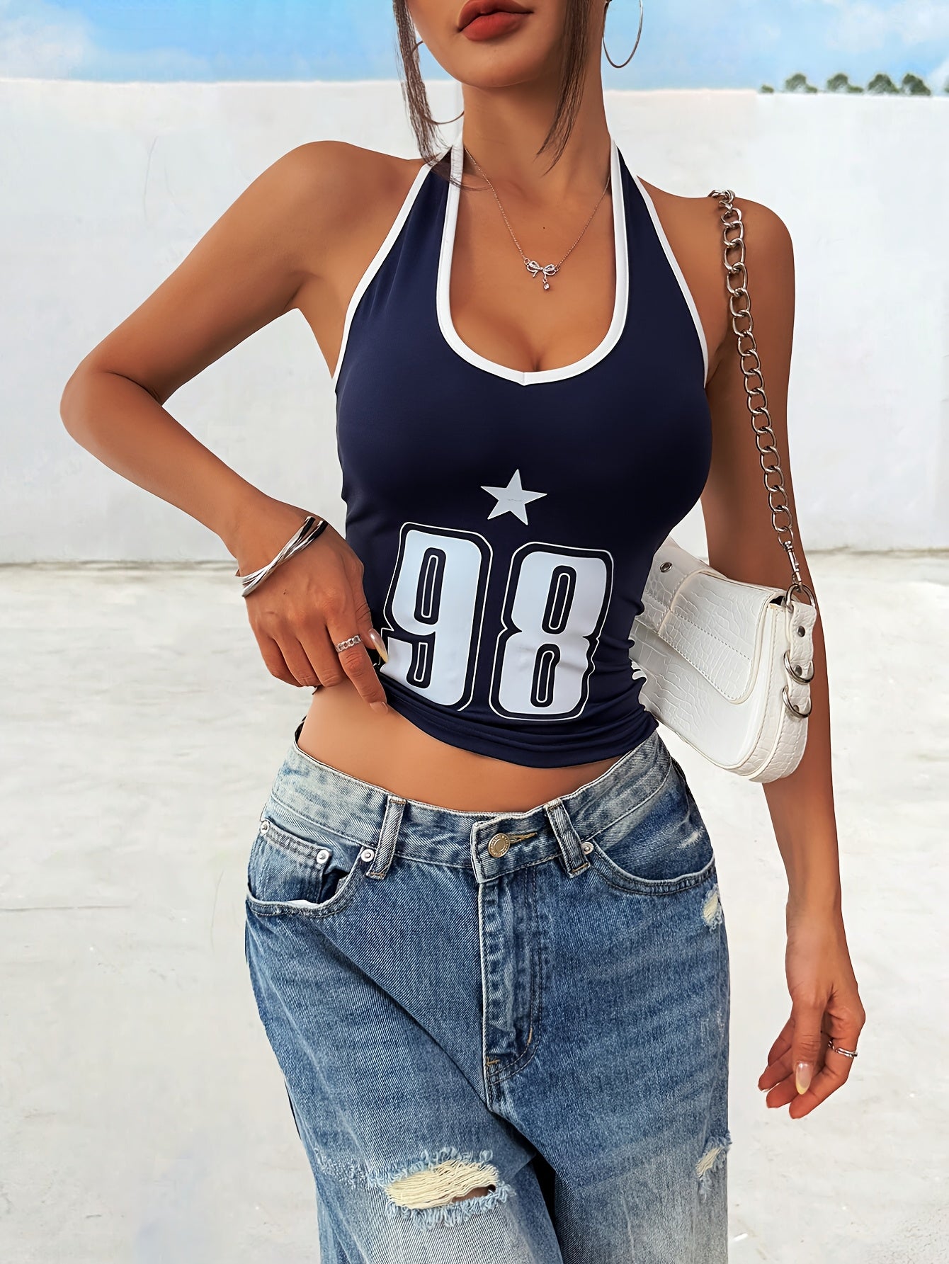 Women'S Navy Blue Halter Neck Tank Top with "98" and Star Design - Polyester, Color Block, Knit Fabric, All-Season Versatile Top, Versatile Top|Y2K Fashion|Knit Construction