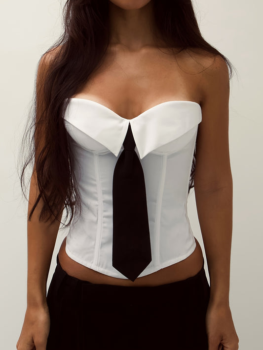 Women'S Strapless Tie-Neck Corset Top - Solid Color, Sleeveless Design with Front Bow Detail, Perfect for Spring/Summer, Versatile for Casual or Formal Wear, Spring Summer Wear | Sleek Strapless Top | Smooth Texture
