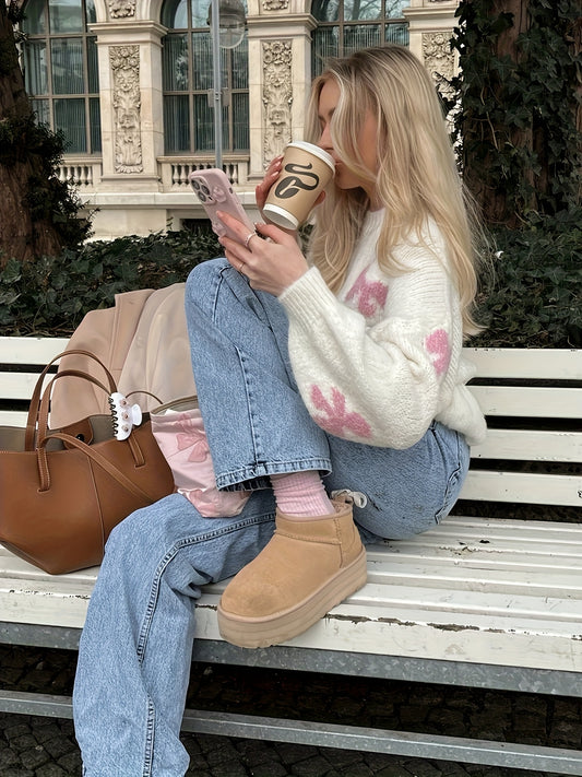 Elegant Butterfly Bow Pattern Sweater for Women - Long Sleeve, Round Neck, Soft & Cozy, Perfect for Spring, Summer, Fall, and Winter Outfits, Cute Sweaters