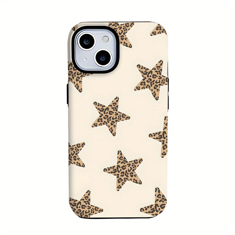 1pc Leopard Print Star Pattern Chic Cool Two-In-One Film Case - Tough, Dual Layered Case for Durable, Drop-proof - for iPhone 17, 16, 15, 14, 13, 12, 11, 8, 7, X, XS, XR, Plus, Air, Pro, Max, Mini, SE2, SE3, Perfect Gift for Friends Family Loved Ones, Ph