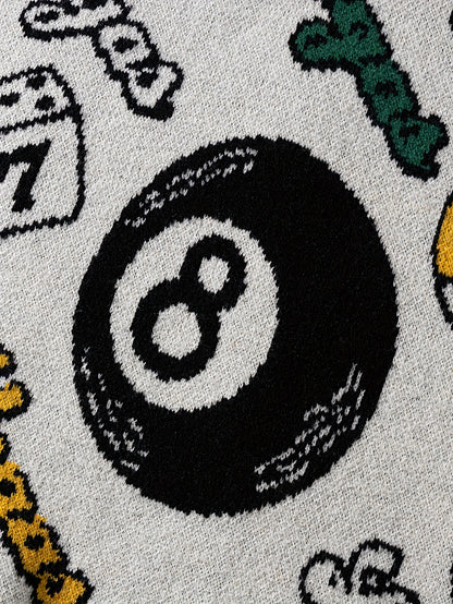 Men's & Women's Streetwear Graphic Knit Sweater - Bold Letter & Dice Print, Oversized Drop Shoulder Fit, Soft Stretch Fabric, Round Neck Long Sleeve Pullover for Autumn Winter Casual Wear, Knitted Sweater, Autumn Winter Apparel