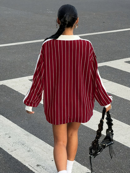 Women'S Red & White Striped Long Sleeve T-Shirt with "Los Angeles" Letter Print - Y2K Style Casual Top for Casual Attire, Allseason Tee | Y2K Fashion | Durable Fabric