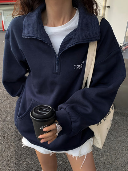 Women'S Cozy Fleece-Lined Sweatshirt with "I Love Myself" Graphic - Long Sleeve, Button-Up Front, Casual Fall/Winter Wear, Navy Blue with White Lettering, Casual Wear | Cozy Fleece Sweatshirt | Construction, Sweater Hoodie