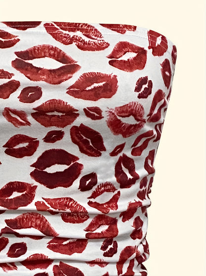 Sleeveless Sexy Lips Print Tube Top for Summer, Women's Clothing