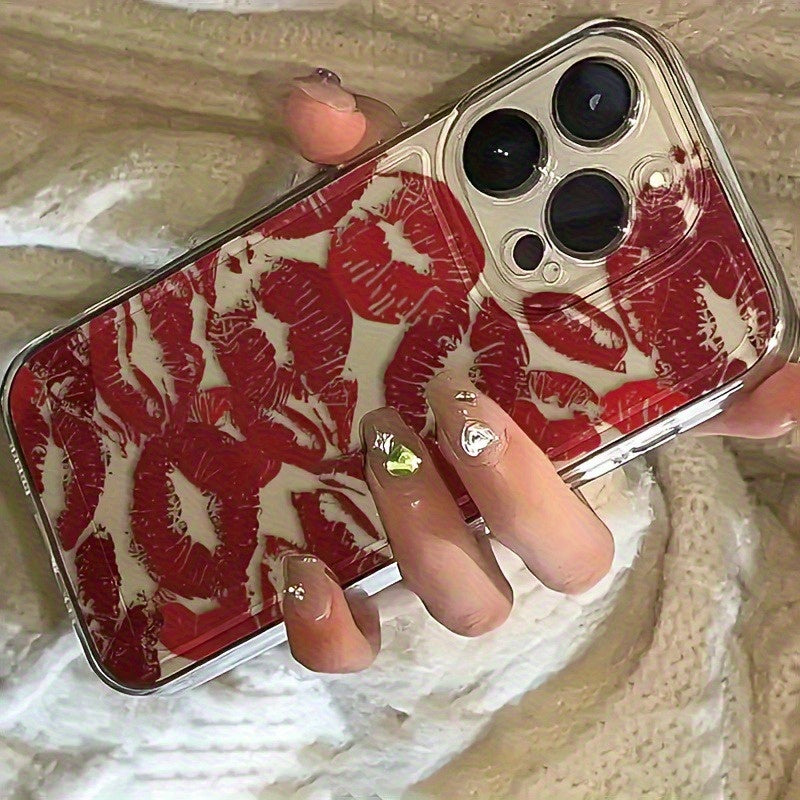 1pc Full Screen Red Lip Print Transparent Space Phone Case, Suitable for iPhone 11 12 13 14 15 16 XS XR X 7 8 Plus Pro Max SE Series, Perfect as a Gift for Yourself or Friends