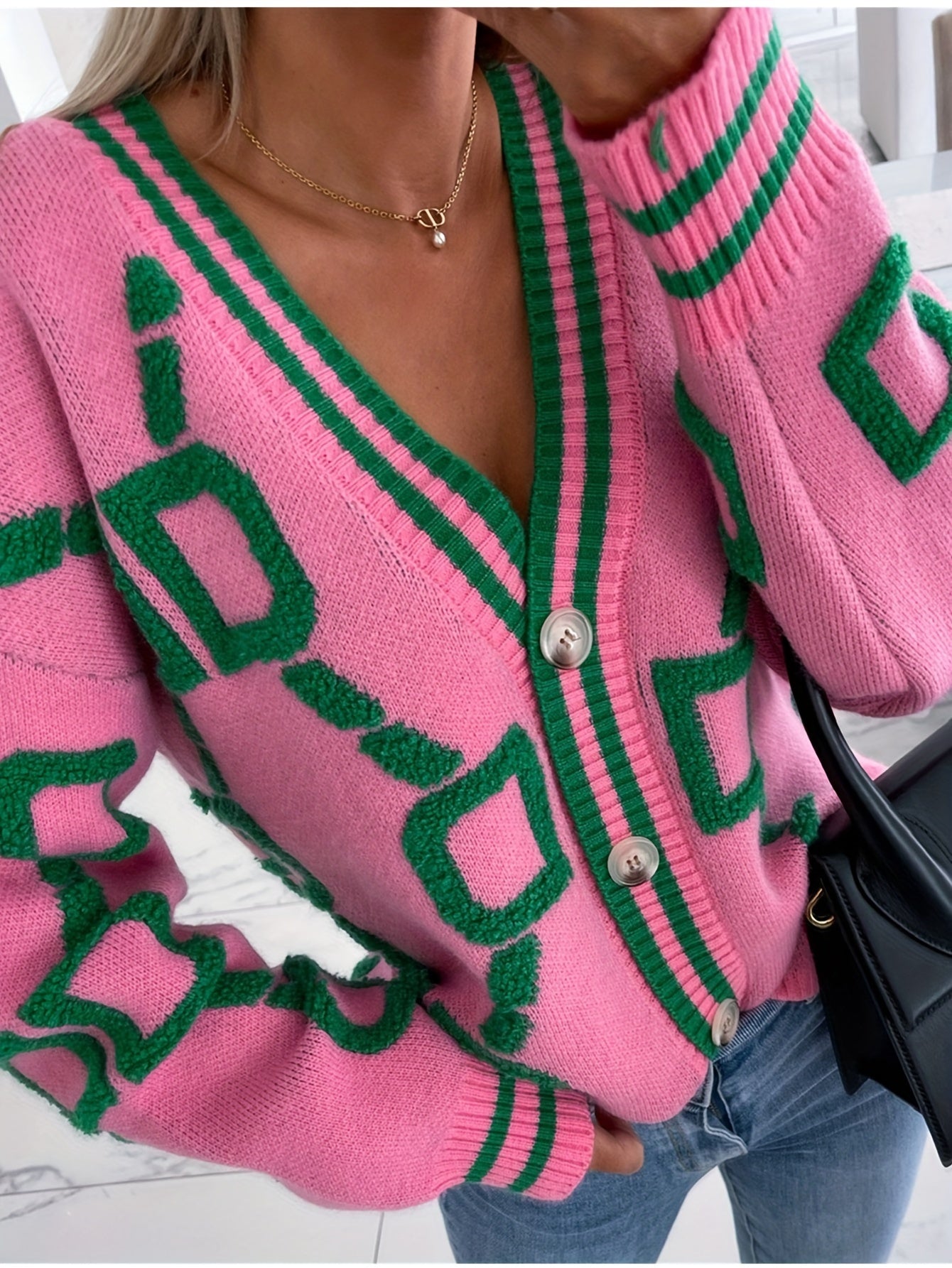 For Fall & Winter, V-Neck Button Up Color Block Knit Cardigan, Casual Tops, Women's Clothing