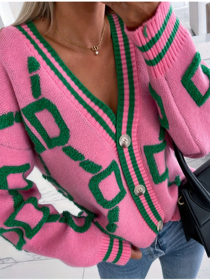For Fall & Winter, V-Neck Button Up Color Block Knit Cardigan, Casual Tops, Women's Clothing