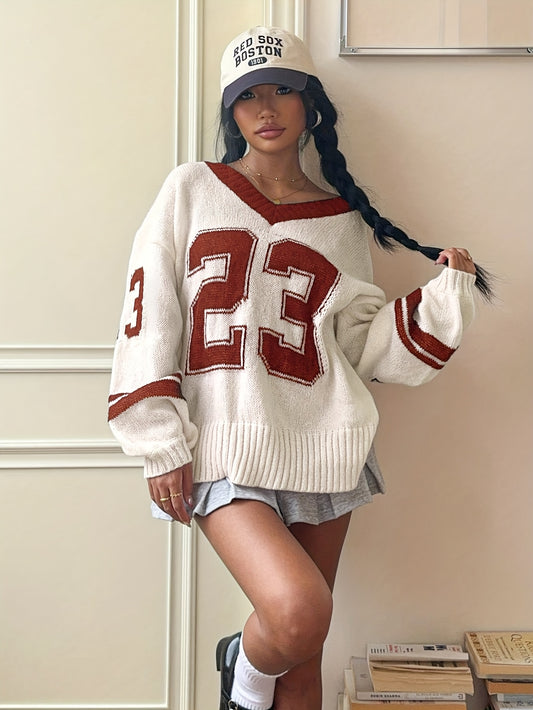 [Stylish Knitwear Sweater] Stylish Knitwear Women's V-Neck Pullover Sweater | Beige & Red Color Block, Machine Washable, PB-915 | Casual & Office Wear, Versatile, Medium Elasticity, Breathable Fabric, Seasonal Fashion