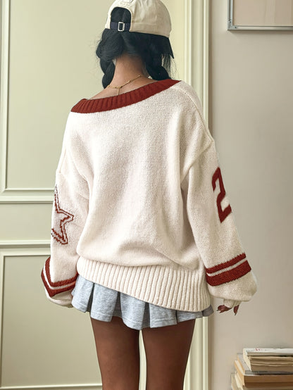 [Stylish Knitwear Sweater] Stylish Knitwear Women's V-Neck Pullover Sweater | Beige & Red Color Block, Machine Washable, PB-915 | Casual & Office Wear, Versatile, Medium Elasticity, Breathable Fabric, Seasonal Fashion